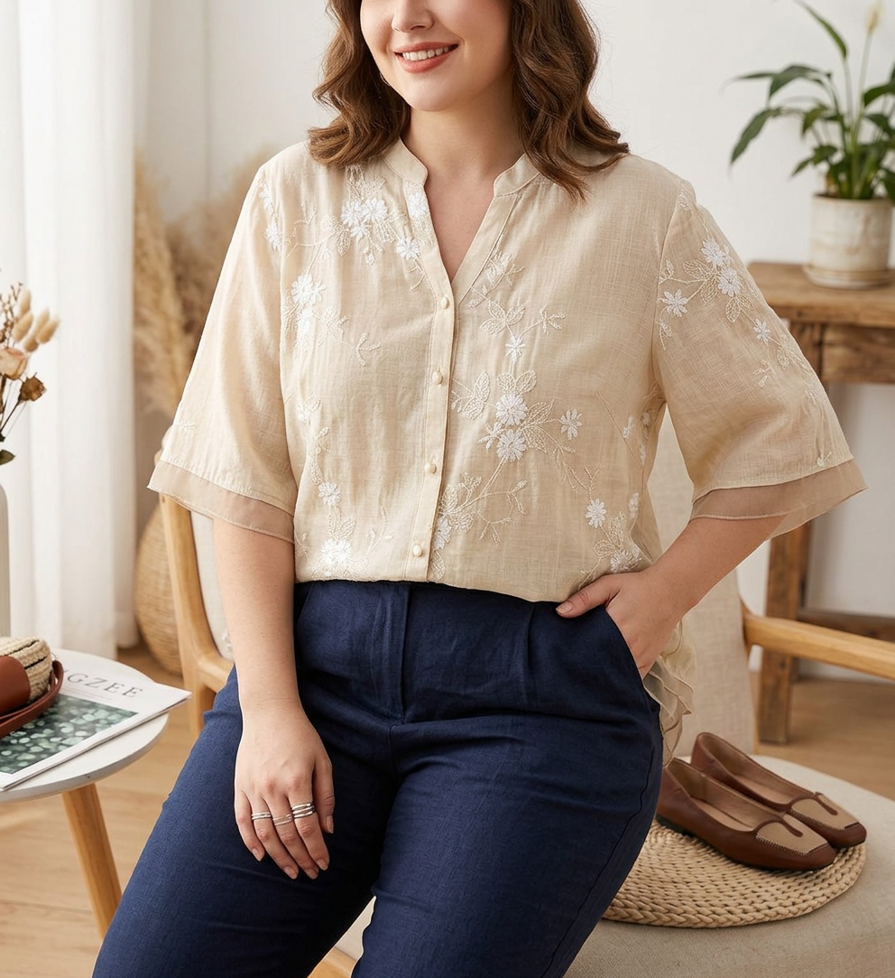 Mia - Pure Cotton Embroidered Shirt
