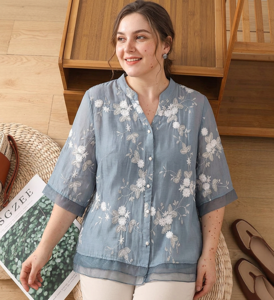 Mia - Pure Cotton Embroidered Shirt