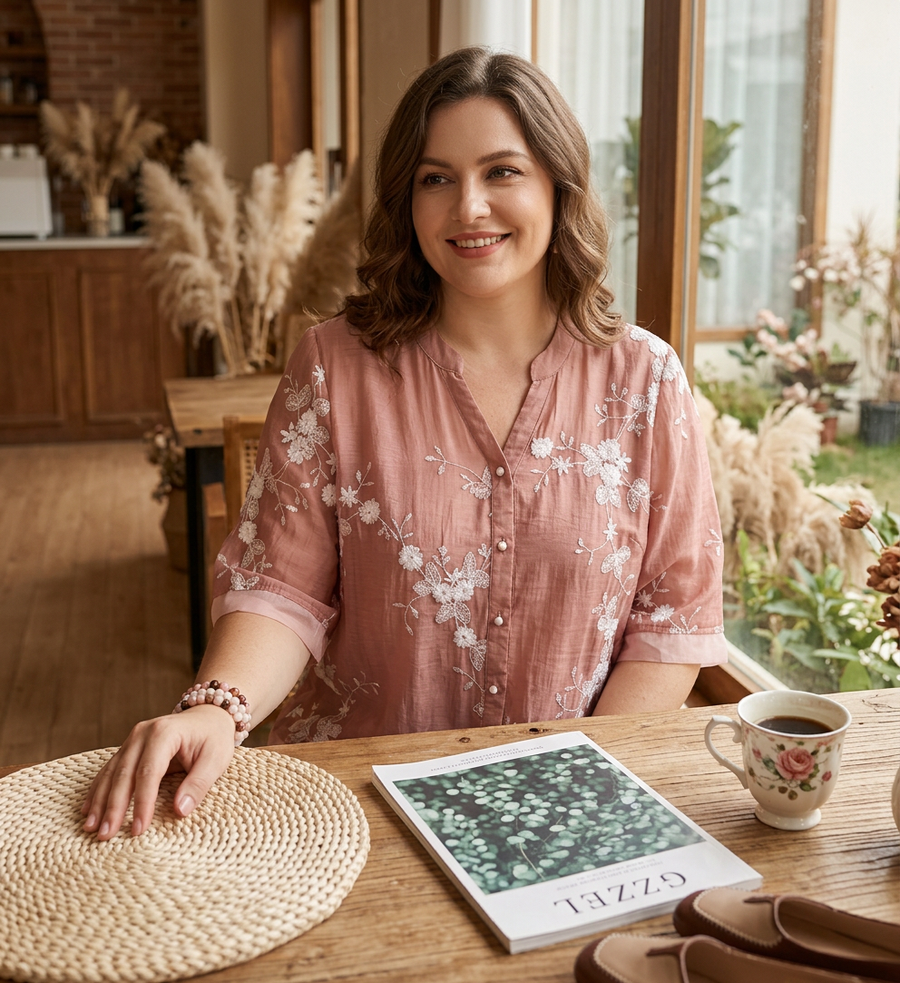 Mia - Pure Cotton Embroidered Shirt